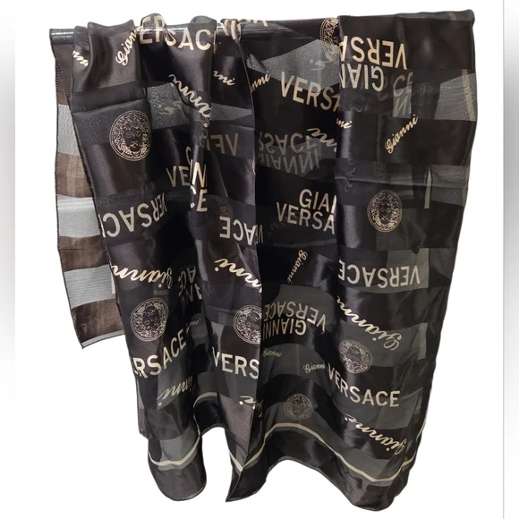 Versace Brown  and Gold Logo Silk Scarf 39"×40" - Picture 3 of 4